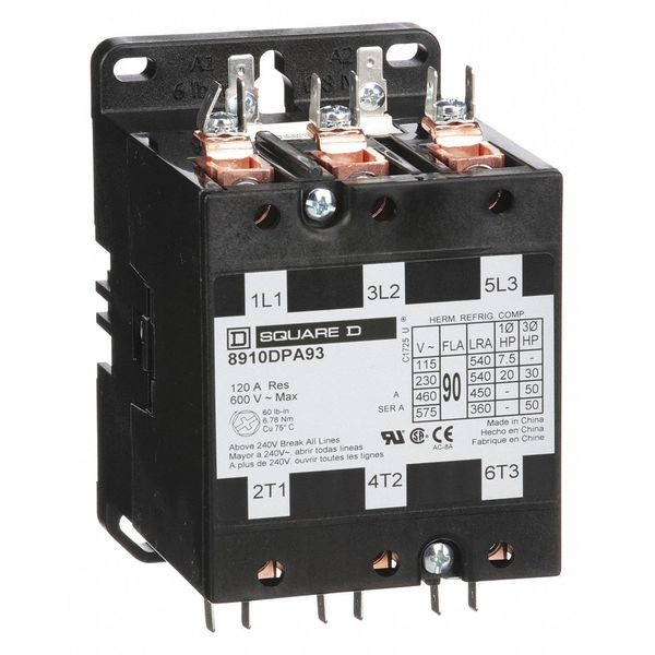 120VAC Non-Reversing Definite Purpose Contactor 3P 90A, Hz: 50/60