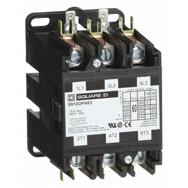 Definite Purpose Magnetic Contactor, 3 Poles, 60 A Full Load Amps-Inductive, 208/240V AC , 50/60 Hz