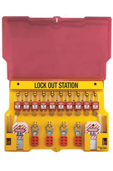 Lockout Station, Wall Mounted, 10-Lock Covered Station with 410RED Zenex Thermoplastic Padlocks