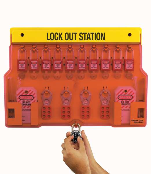Lockout Station, Wall Mounted, 10-Lock Covered Station with 410RED Zenex Thermoplastic Padlocks