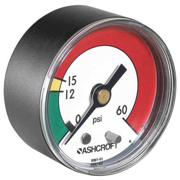Pressure Gauge, 0 to 60 psi, 1/8 in MNPT, Plastic, Black