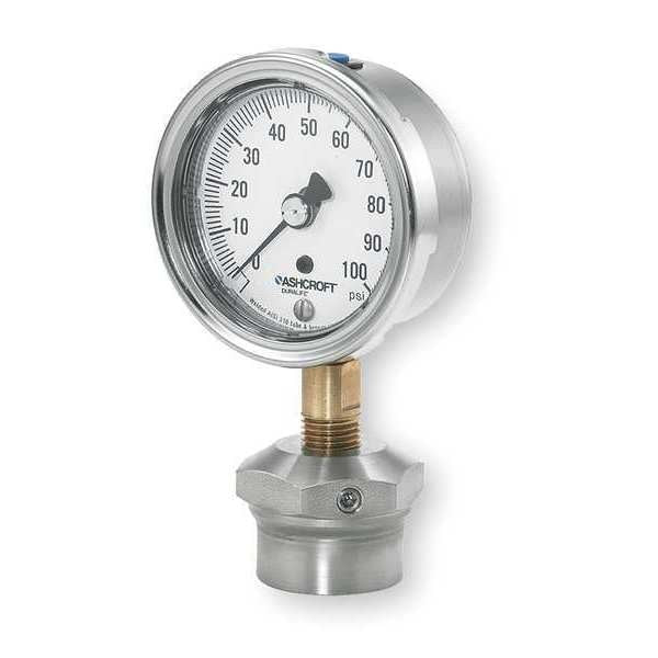 Pressure Gauge, 0 to 100 psi, 1/4 in MNPT, Stainless Steel, Silver