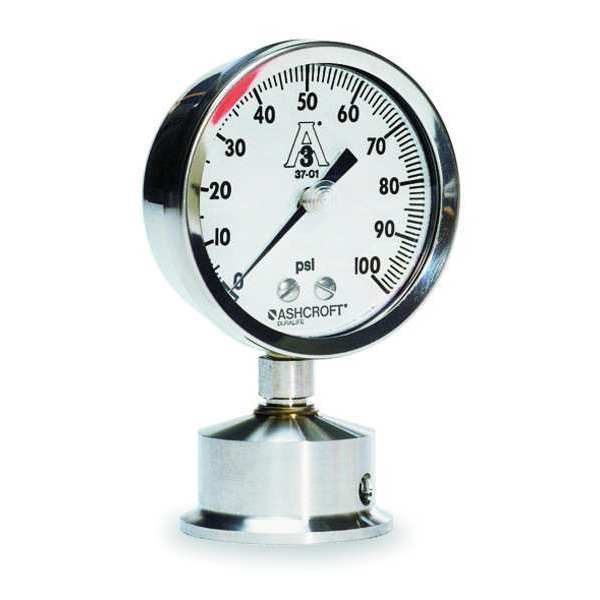 Pressure Gauge, 0 to 100 psi, 1 1/2 in Triclamp, Stainless Steel, Silver