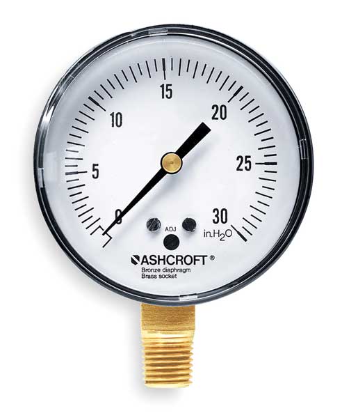 Pressure Gauge, 0 to 30 in wc, 1/4 in MNPT, Plastic, Black