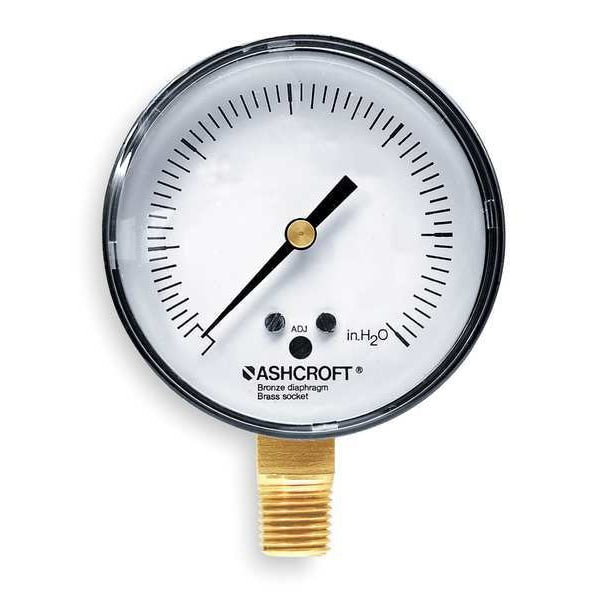 Pressure Gauge, 0 to 60 in wc, 1/4 in MNPT, Plastic, Black