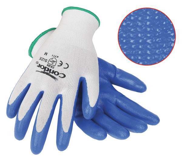 Nitrile Coated Gloves, Palm Coverage, Blue/White, M, PR