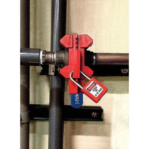 Adjustable Ball Valve Lockout, Clamp On, For Quarter Turn Handle, Max Number of Padlocks: 4, Red