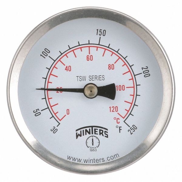 Thermometer, Analog, 30-250 deg, 1/2in NPT