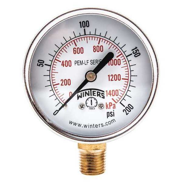 Pressure Gauge, 0 to 200 psi, 1/4 in MNPT, Steel, Black