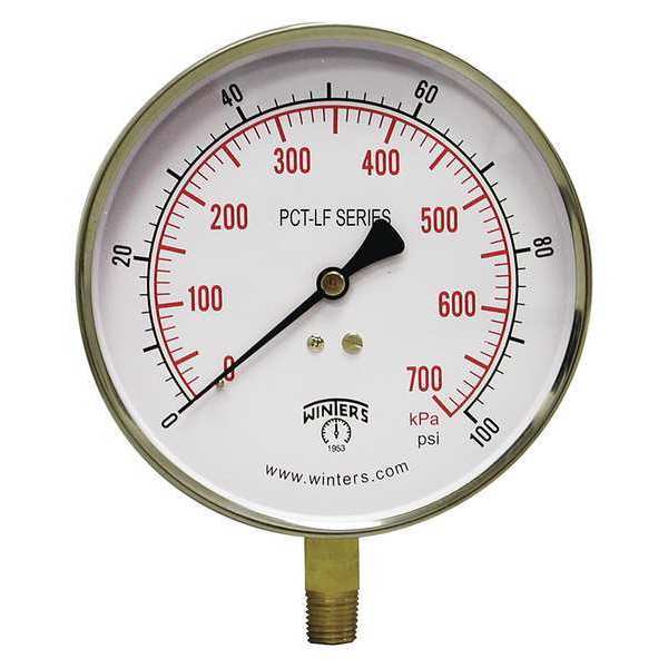 Pressure Gauge, 0 to 100 psi, 1/4 in MNPT, Stainless Steel, Silver