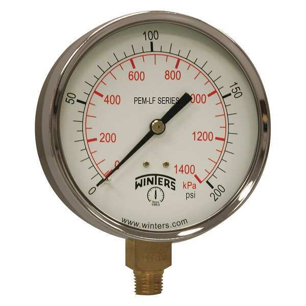 Pressure Gauge, 0 to 200 psi, 1/4 in MNPT, Steel, Black