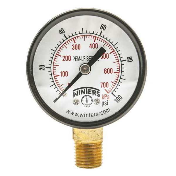Pressure Gauge, 0 to 100 psi, 1/4 in MNPT, Steel, Black