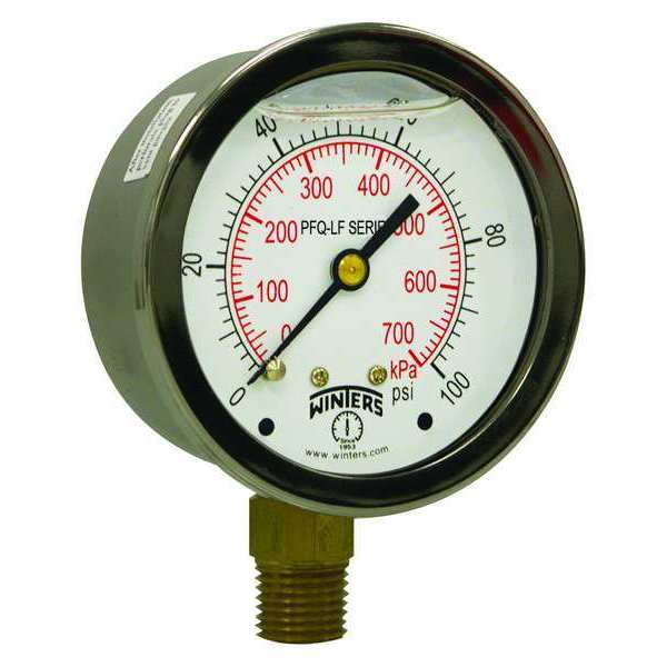 Pressure Gauge, 0 to 200 psi, 1/4 in MNPT, Stainless Steel, Silver