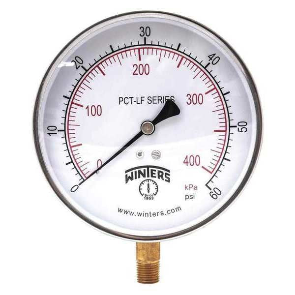 Pressure Gauge, 0 to 60 psi, 1/4 in MNPT, Stainless Steel, Silver