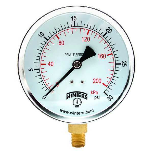 Pressure Gauge, 0 to 30 psi, 1/4 in MNPT, Steel, Black