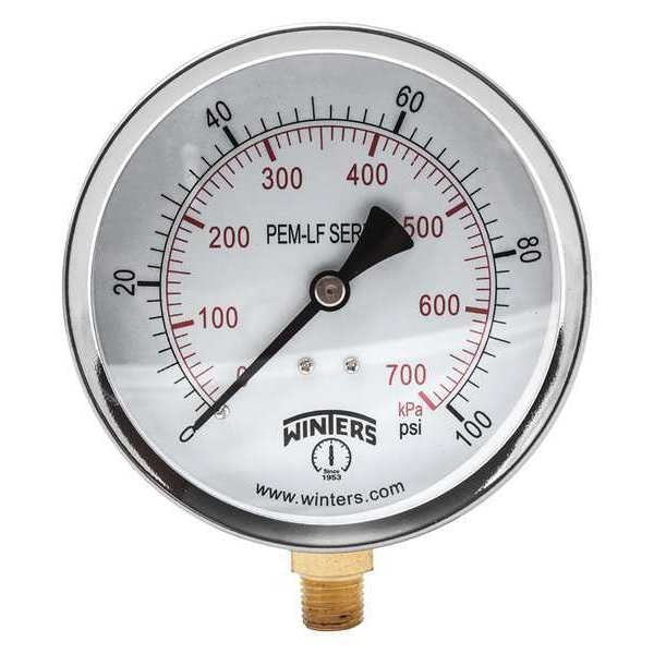 Pressure Gauge, 0 to 100 psi, 1/4 in MNPT, Steel, Black