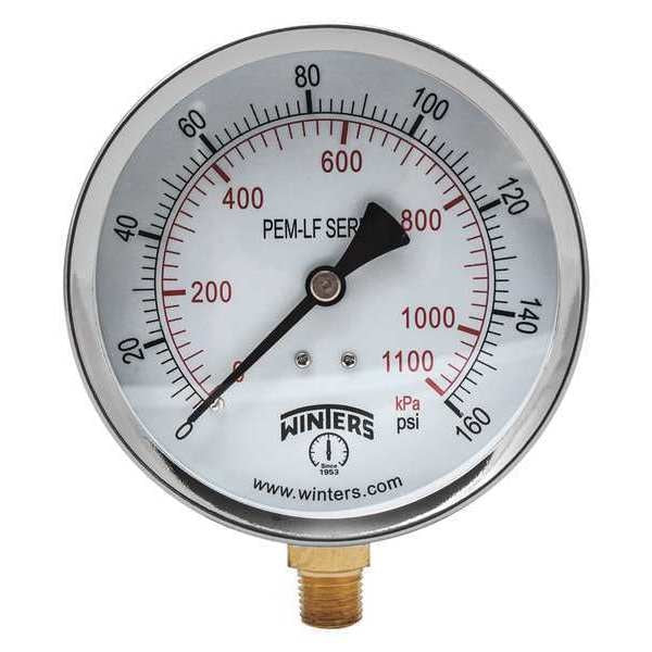 Pressure Gauge, 0 to 160 psi, 1/4 in MNPT, Steel, Black