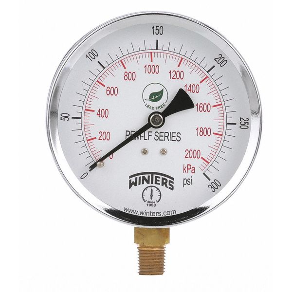 Pressure Gauge, 0 to 300 psi, 1/4 in MNPT, Steel, Black