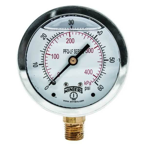 Pressure Gauge, 0 to 60 psi, 1/4 in MNPT, Stainless Steel, Silver