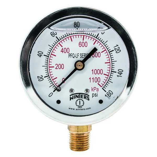 Pressure Gauge, 0 to 160 psi, 1/4 in MNPT, Stainless Steel, Silver
