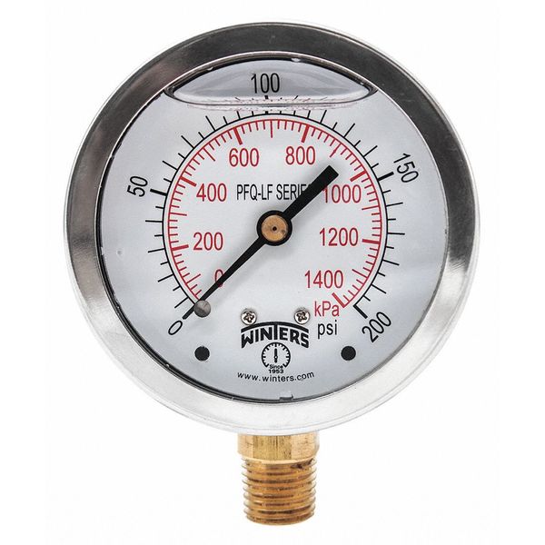 Pressure Gauge, 0 to 200 psi, 1/4 in MNPT, Stainless Steel, Silver
