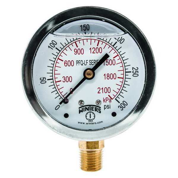 Pressure Gauge, 0 to 300 psi, 1/4 in MNPT, Stainless Steel, Silver