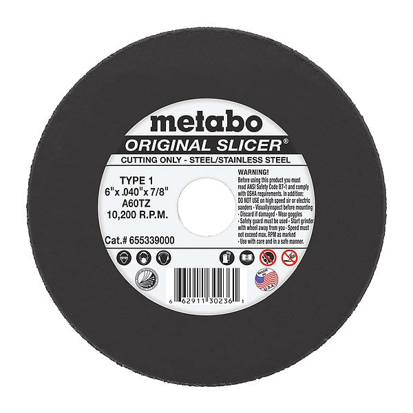 Abrasive Cut-Off Wheel: Type 1, 6 in x 0.04 in x 7/8 in, Aluminum Oxide, 60 Grit, A60TZ