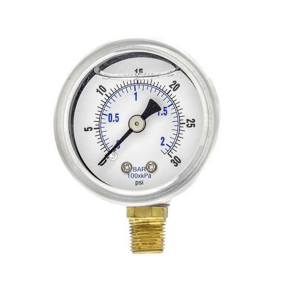 Pressure Gauge, 0 to 30 psi, 1/8 in MNPT, Stainless Steel, Silver