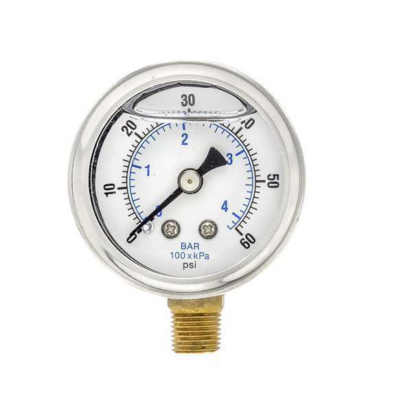 Pressure Gauge, 0 to 60 psi, 1/8 in MNPT, Stainless Steel, Silver