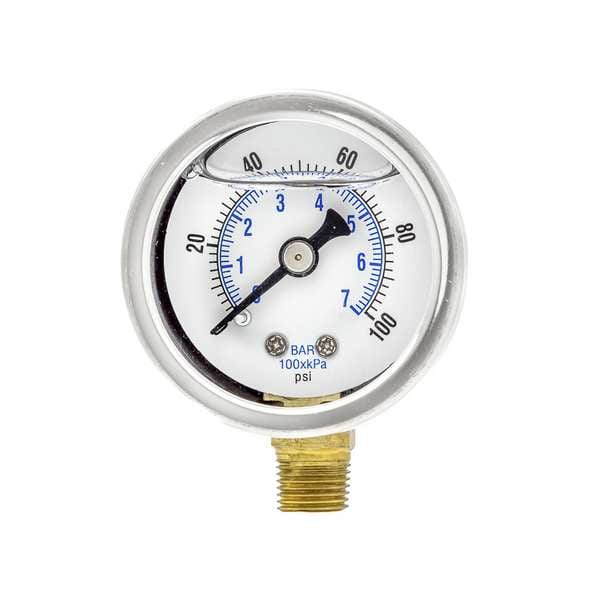 Pressure Gauge, 0 to 100 psi, 1/8 in MNPT, Stainless Steel, Silver