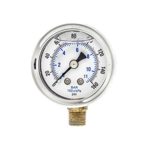 Pressure Gauge, 0 to 160 psi, 1/8 in MNPT, Stainless Steel, Silver