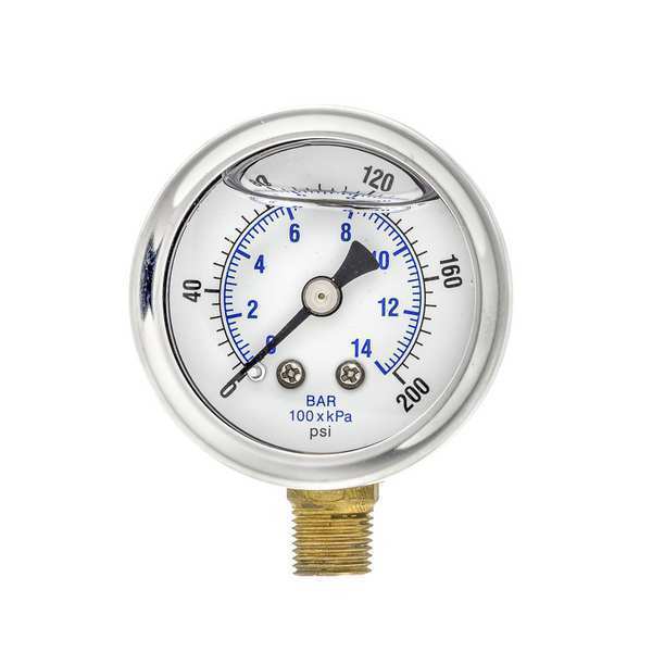 Pressure Gauge, 0 to 200 psi, 1/8 in MNPT, Stainless Steel, Silver