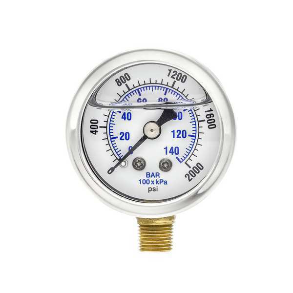 Pressure Gauge, 0 to 2000 psi, 1/8 in MNPT, Stainless Steel, Silver