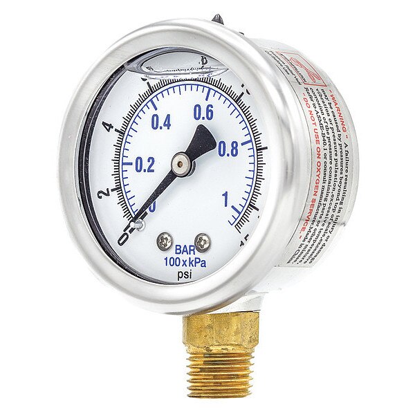 Pressure Gauge, 0 to 15 psi, 1/4 in MNPT, Stainless Steel, Silver