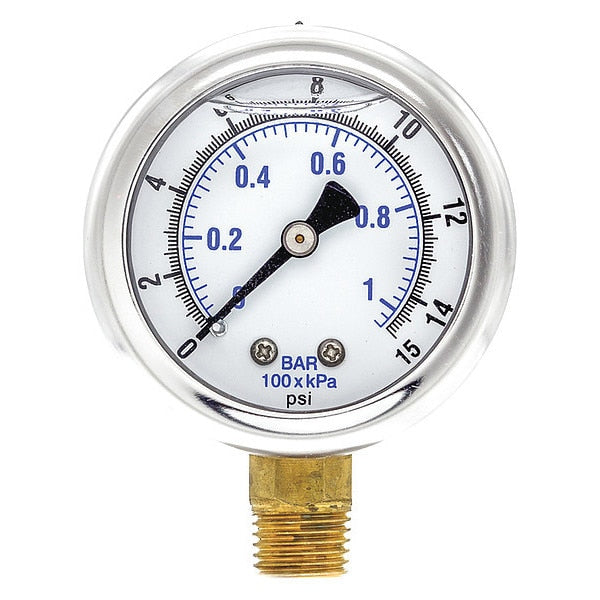 Pressure Gauge, 0 to 15 psi, 1/4 in MNPT, Stainless Steel, Silver