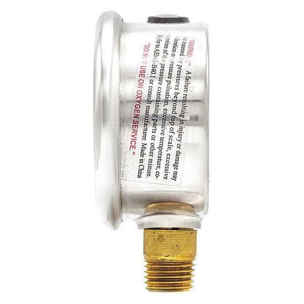 Pressure Gauge, 0 to 15 psi, 1/4 in MNPT, Stainless Steel, Silver