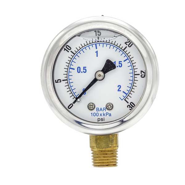 Pressure Gauge, 0 to 30 psi, 1/4 in MNPT, Stainless Steel, Silver