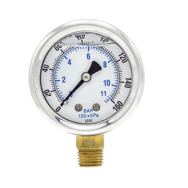 Pressure Gauge, 0 to 160 psi, 1/4 in MNPT, Stainless Steel, Silver