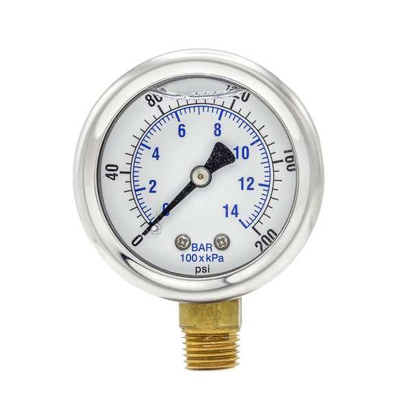 Pressure Gauge, 0 to 200 psi, 1/4 in MNPT, Stainless Steel, Silver