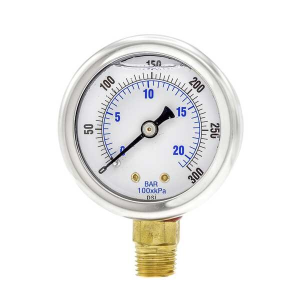 Pressure Gauge, 0 to 300 psi, 1/4 in MNPT, Stainless Steel, Silver