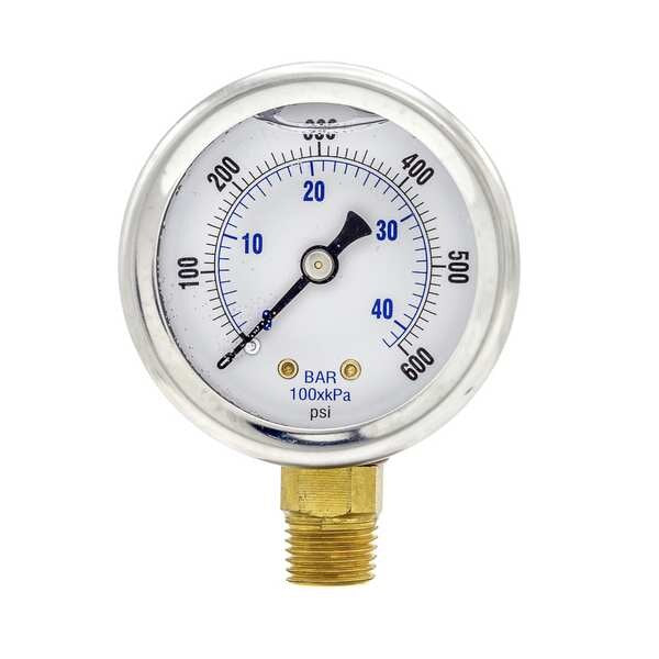 Pressure Gauge, 0 to 600 psi, 1/4 in MNPT, Stainless Steel, Silver