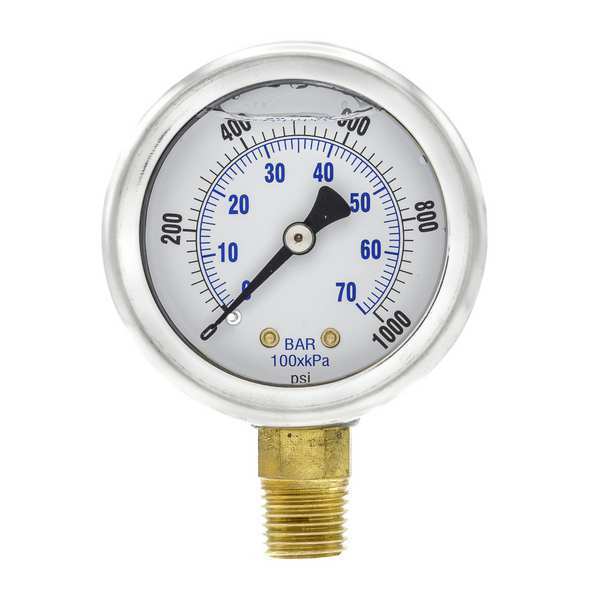 Pressure Gauge, 0 to 1000 psi, 1/4 in MNPT, Stainless Steel, Silver