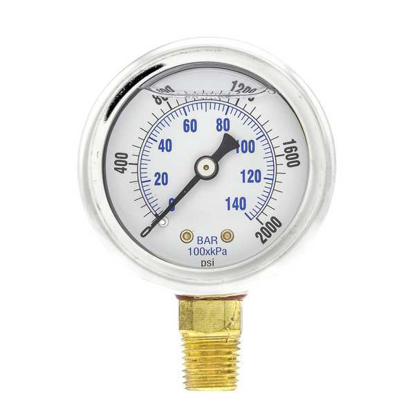 Pressure Gauge, 0 to 2000 psi, 1/4 in MNPT, Stainless Steel, Silver