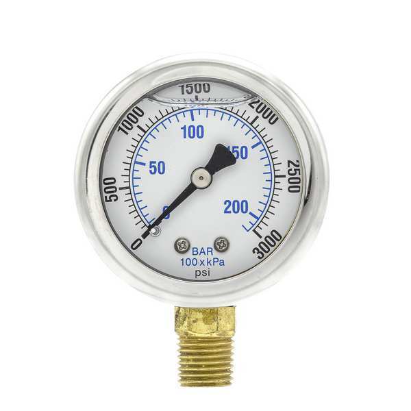 Pressure Gauge, 0 to 3000 psi, 1/4 in MNPT, Stainless Steel, Silver