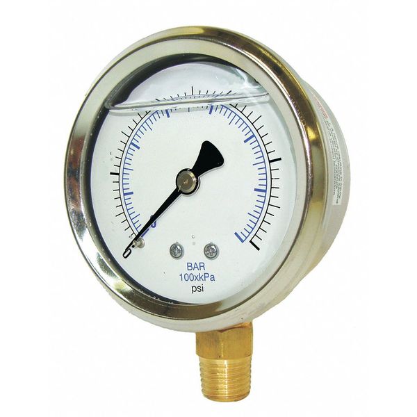 Pressure Gauge, 0 to 60 psi, 1/4 in MNPT, Stainless Steel, Silver