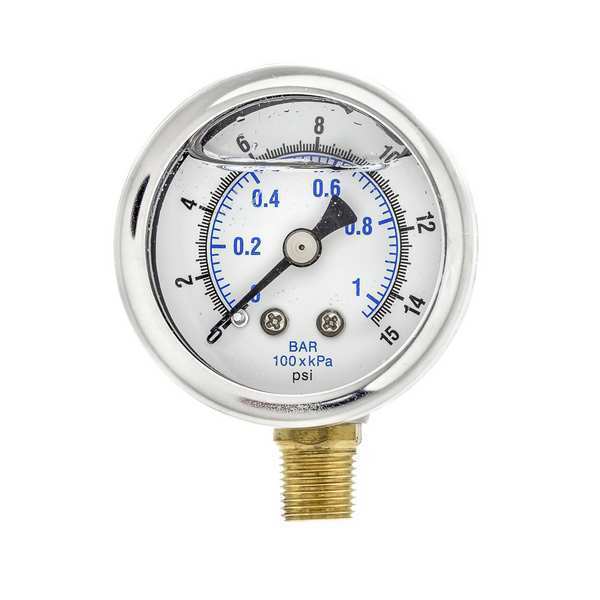 Pressure Gauge, 0 to 15 psi, 1/8 in MNPT, Stainless Steel, Silver