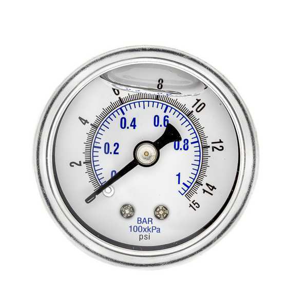 Pressure Gauge, 0 to 15 psi, 1/8 in MNPT, Stainless Steel, Silver