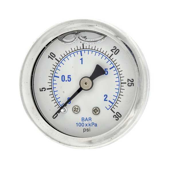Pressure Gauge, 0 to 30 psi, 1/8 in MNPT, Stainless Steel, Silver