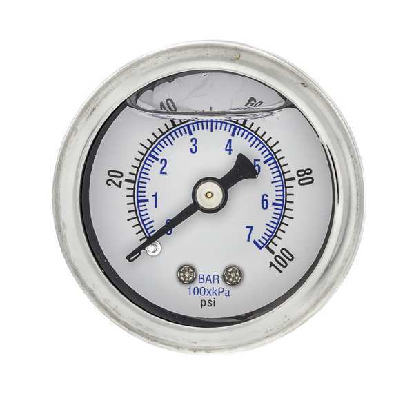 Pressure Gauge, 0 to 100 psi, 1/8 in MNPT, Stainless Steel, Silver