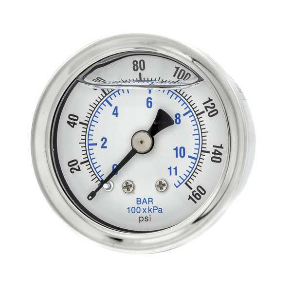 Pressure Gauge, 0 to 160 psi, 1/8 in MNPT, Stainless Steel, Silver